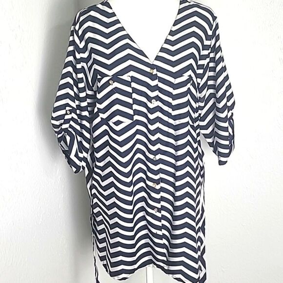 Oh! Mamma Blue & White Stripe Buttondown Maternity Blouse with a Belt, Size XL - Picture 1 of 12